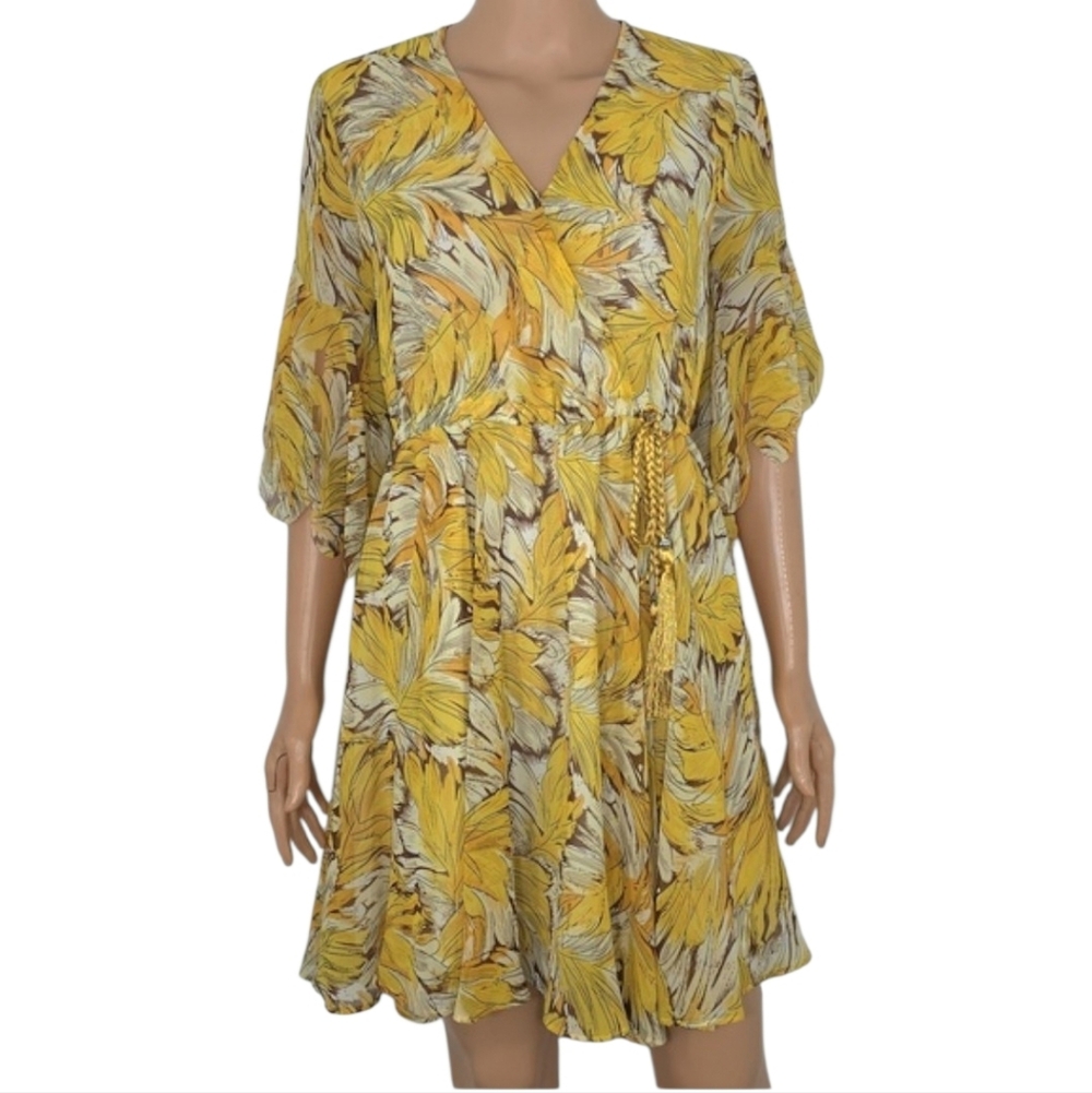 QIANANRUI Yellow Leaf-Print V-Neck Bell sleeve  Women's Dress Size L‎